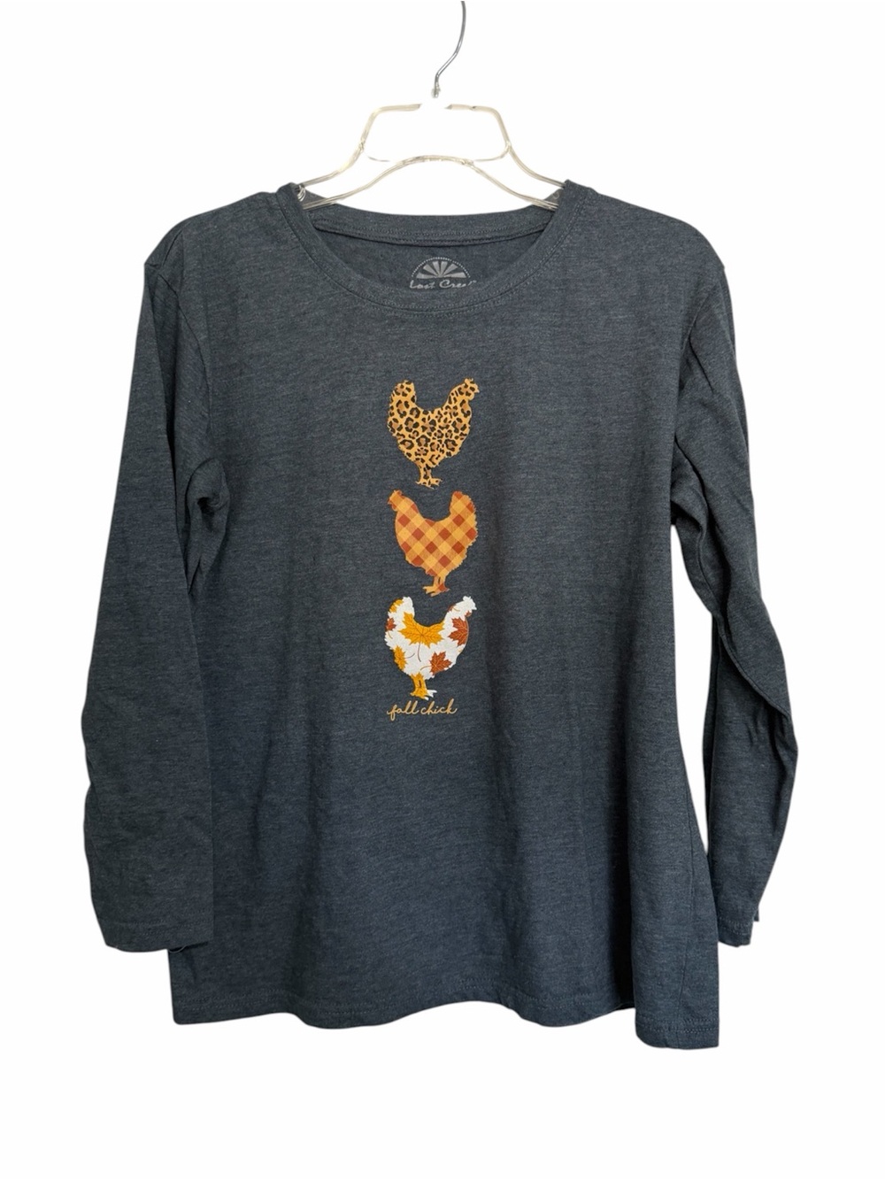 Gray Long-Sleeve Graphic Tee with Fall Chicken Motif - Ladies
